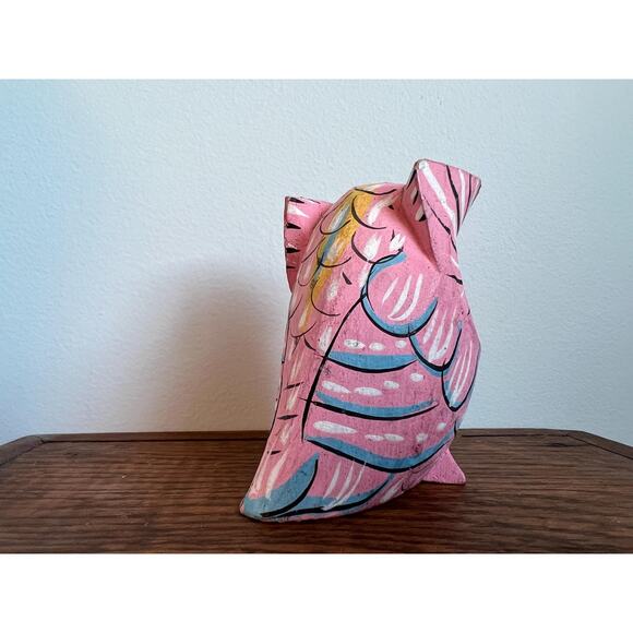 Quirky Hand Carved Owl Figurine Pink Folk Art 3.25" Trinket Small Gift Idea - Picture 5 of 8